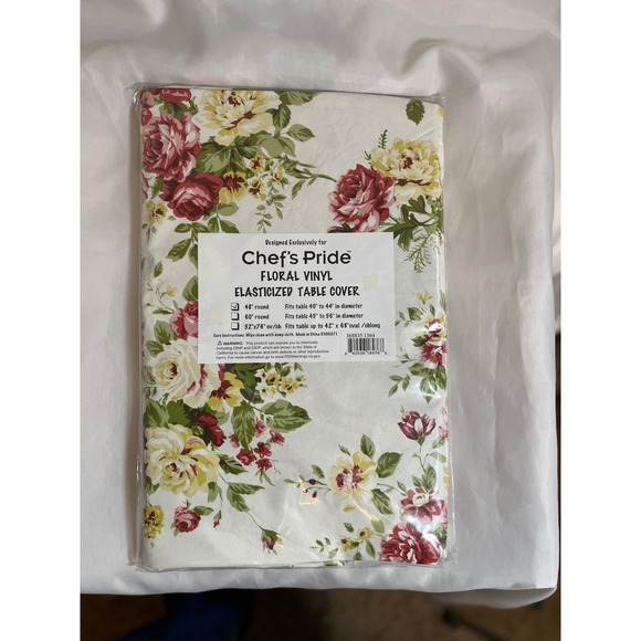 Chef's Pride Other - Chef's Pride‎ Floral Vinyl Elasticized Table Cover 48 Inch Round Red Yellow Rose